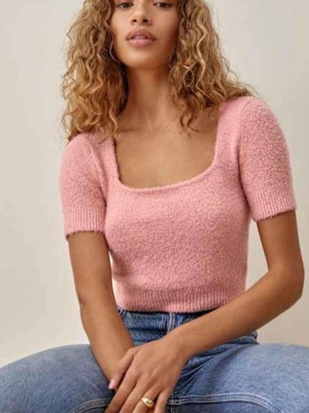 Reformation Orto Cozy Pink Square-Neck Knit Sweater Top